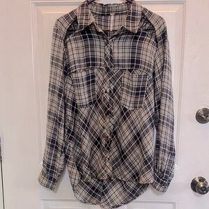 Free People Black and Tan Gauzy Plaid Shirt